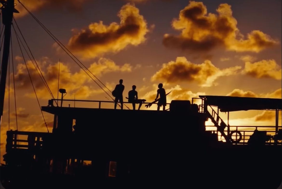 Guests with surfboards silhouetted on Maki's roof at sunset